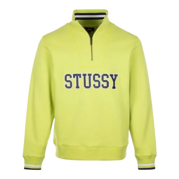 Stussy Contrast Rib Mock Neck Cotton Fleece Sweatshirt Men's Sz M Navy & Lime - Picture 1 of 16
